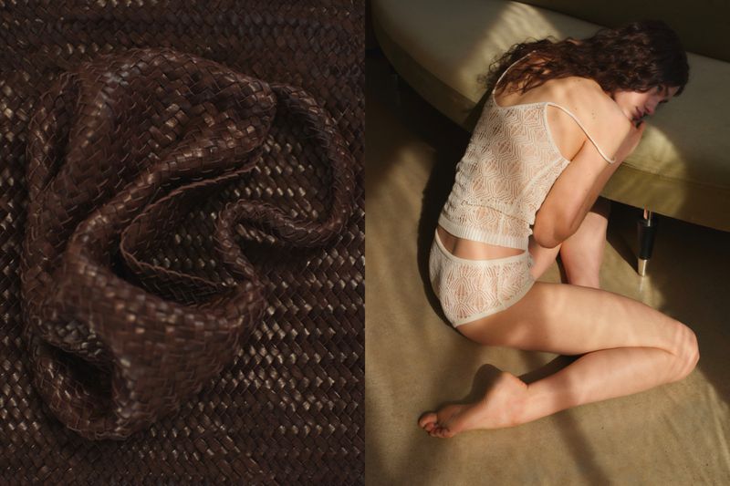 Woven dark brown leather handbag next to a woman curled up on the floor wearing a cream lace lingerie set