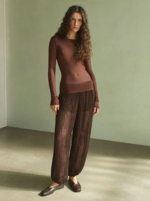 Model with long curly hair wearing a brown long-sleeve top and sheer pleated trousers against a plain studio background.