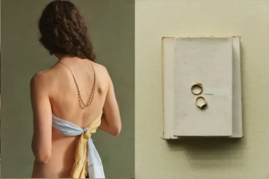 Diptypt image showing a woman from behind wearing a tied shirt and gold necklace, and two gold rings on a book.
