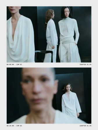 Split frame fashion campaign image featuring models in white outfits against a dark background with timestamps visible.