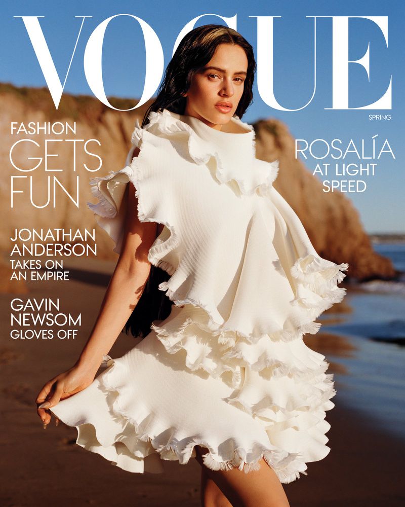 Vogue cover featuring Rosalía in a white frilly dress on a beach. Magazine cover includes text 'Fashion Gets Fun' and 'Rosalía at Light Speed'.
