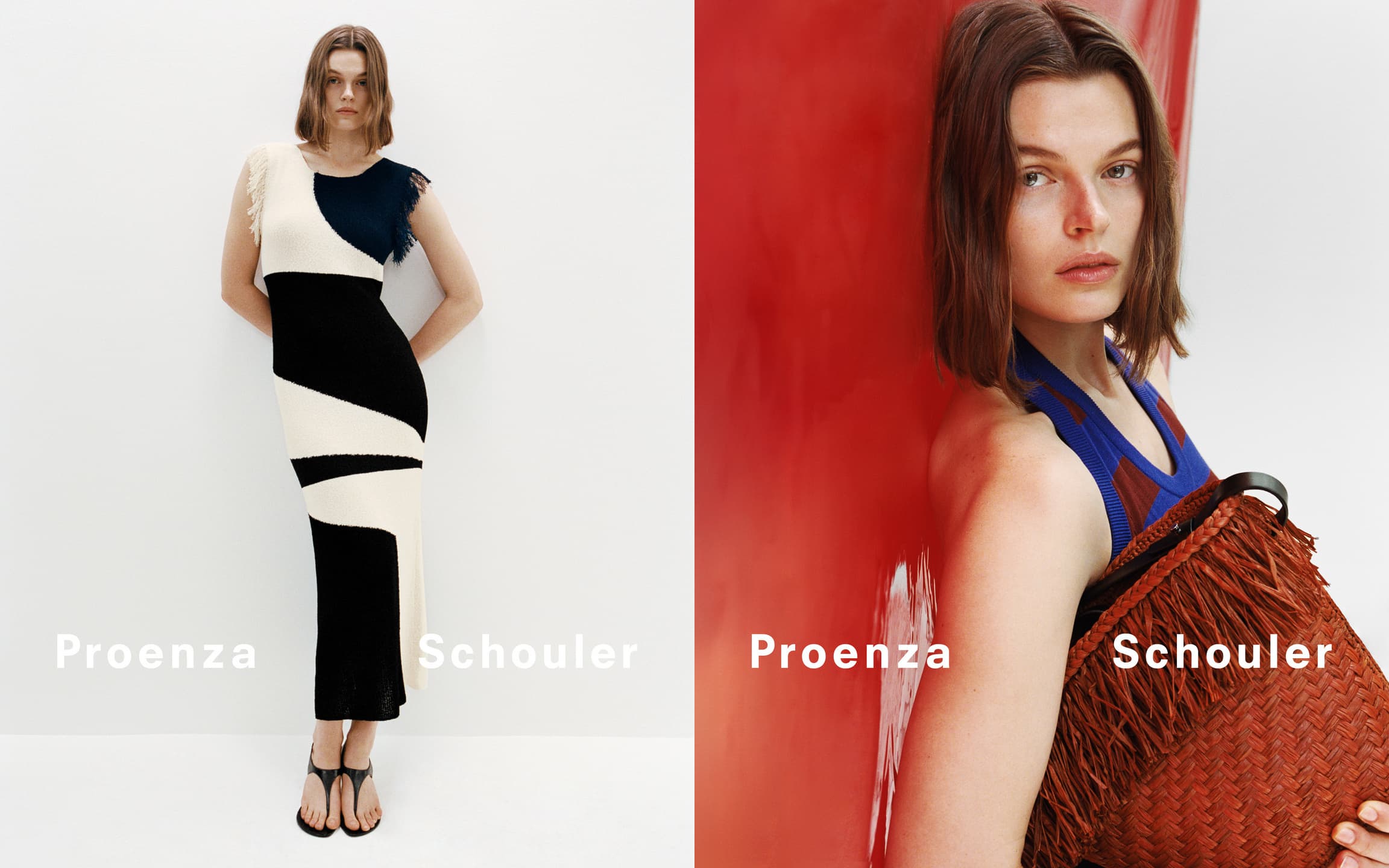 Model Cara Taylor wearing Proenza Schouler knit dress against white background for Summer 2026 ad campaign