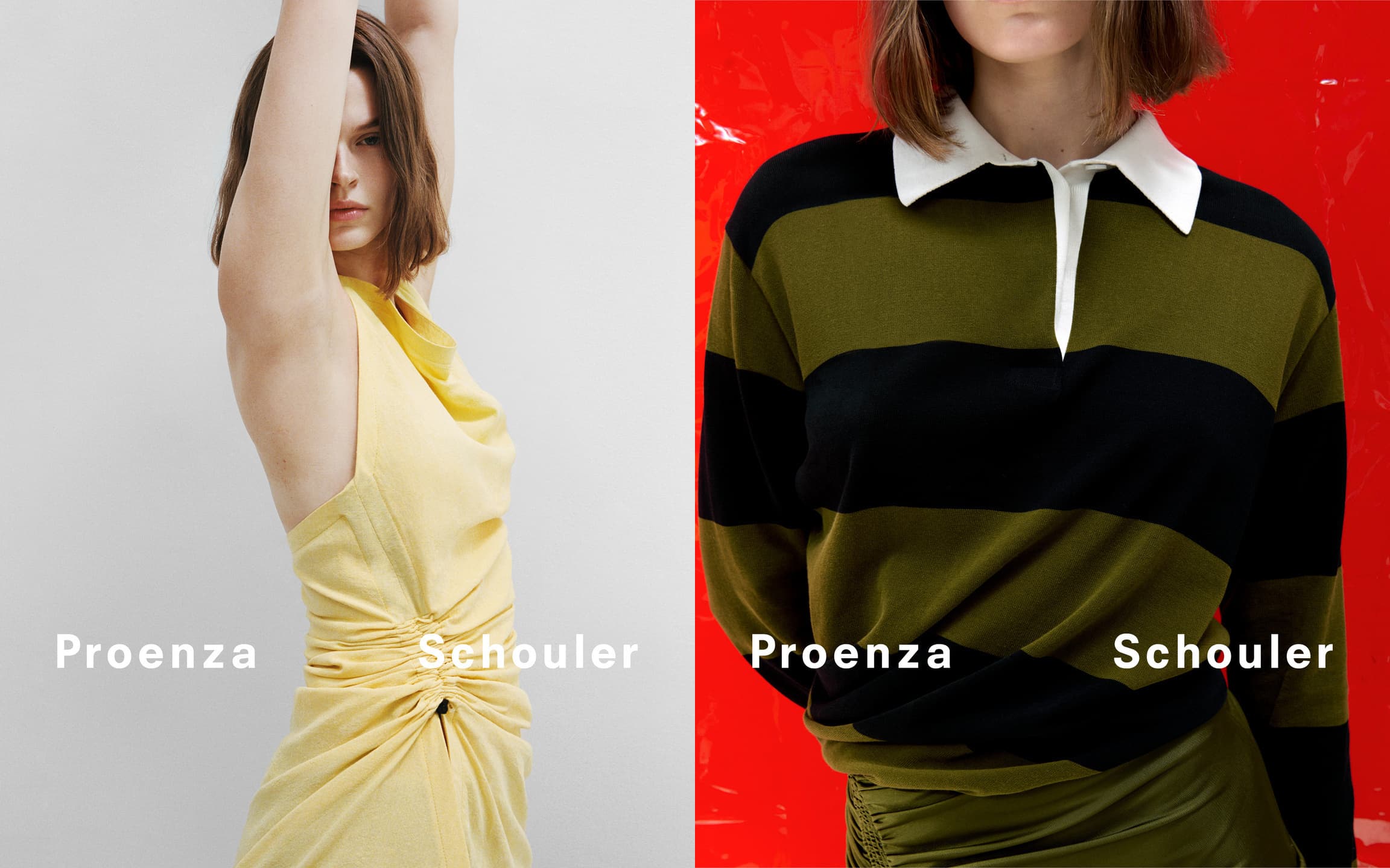 Model wearing yellow dress and striped polo in Proenza Schouler summer ad campaign