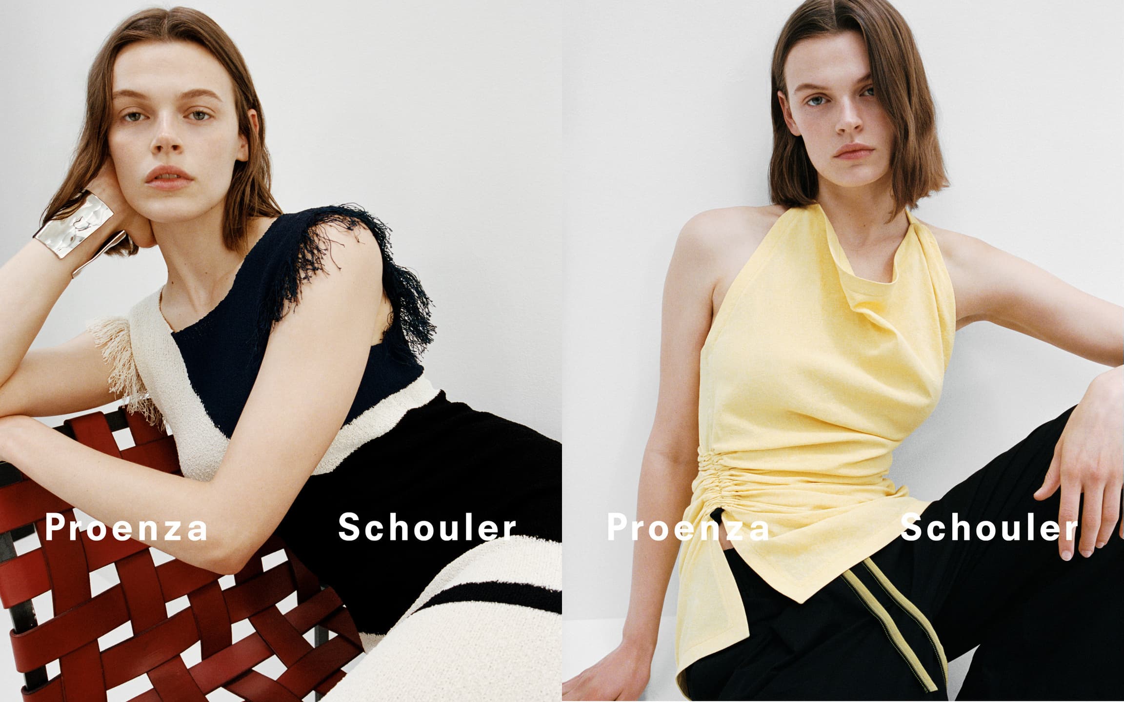 Dual fashion editorial featuring two women showcasing Proenza Schouler designs in a minimalist setting, emphasizing modern apparel and accessories.