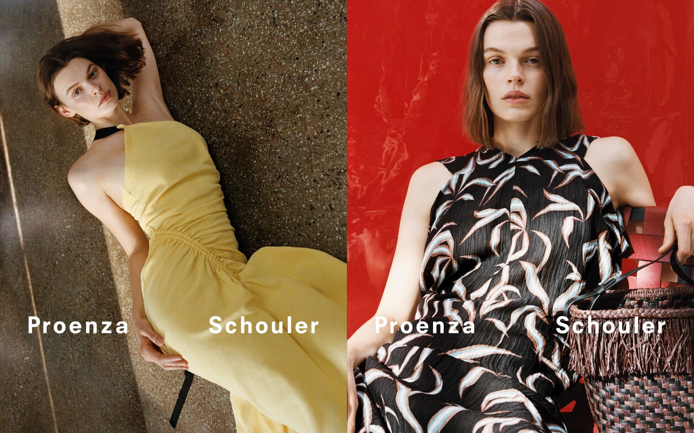 Diptyque fashion campaign split image showing a model in a yellow dress and another in a patterned black dress holding a woven leather bag.
