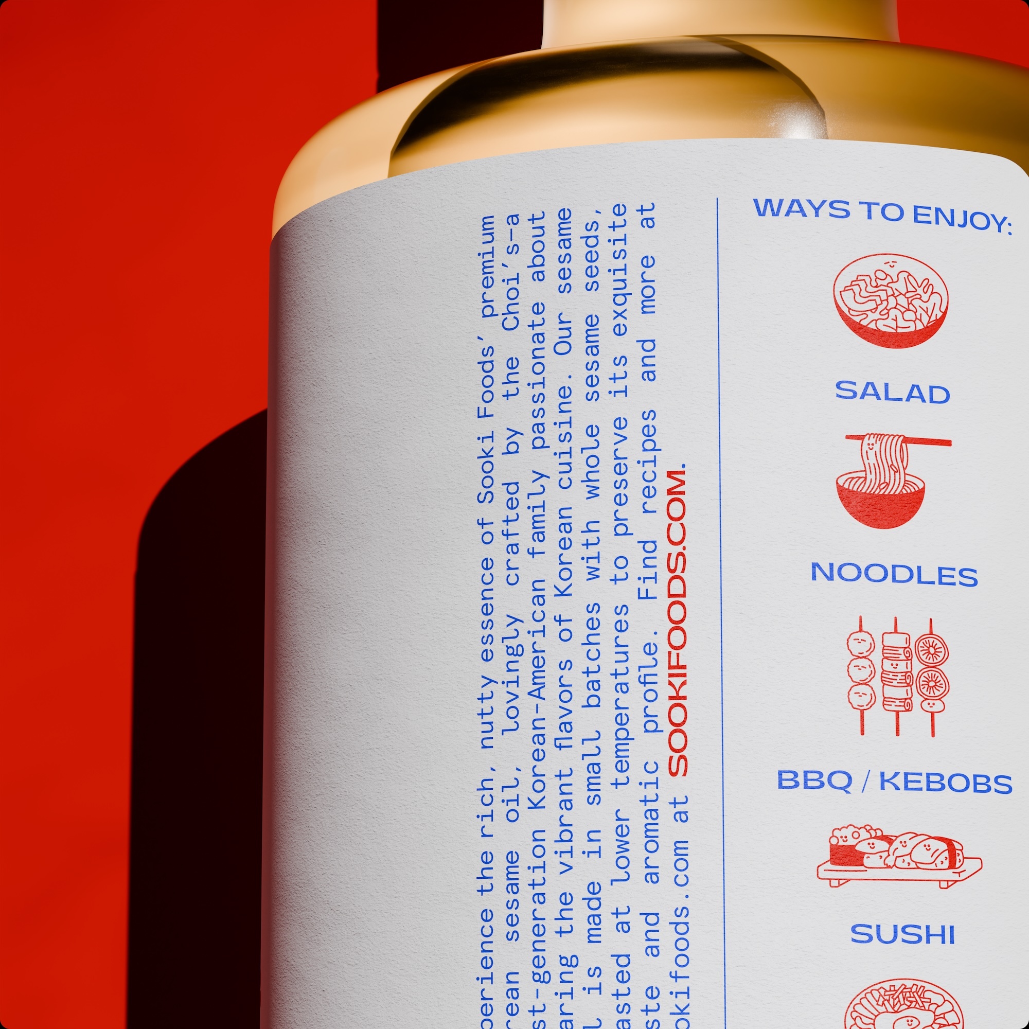 Close-up of a product bottle with a white label featuring blue and red typography against a bold red background.