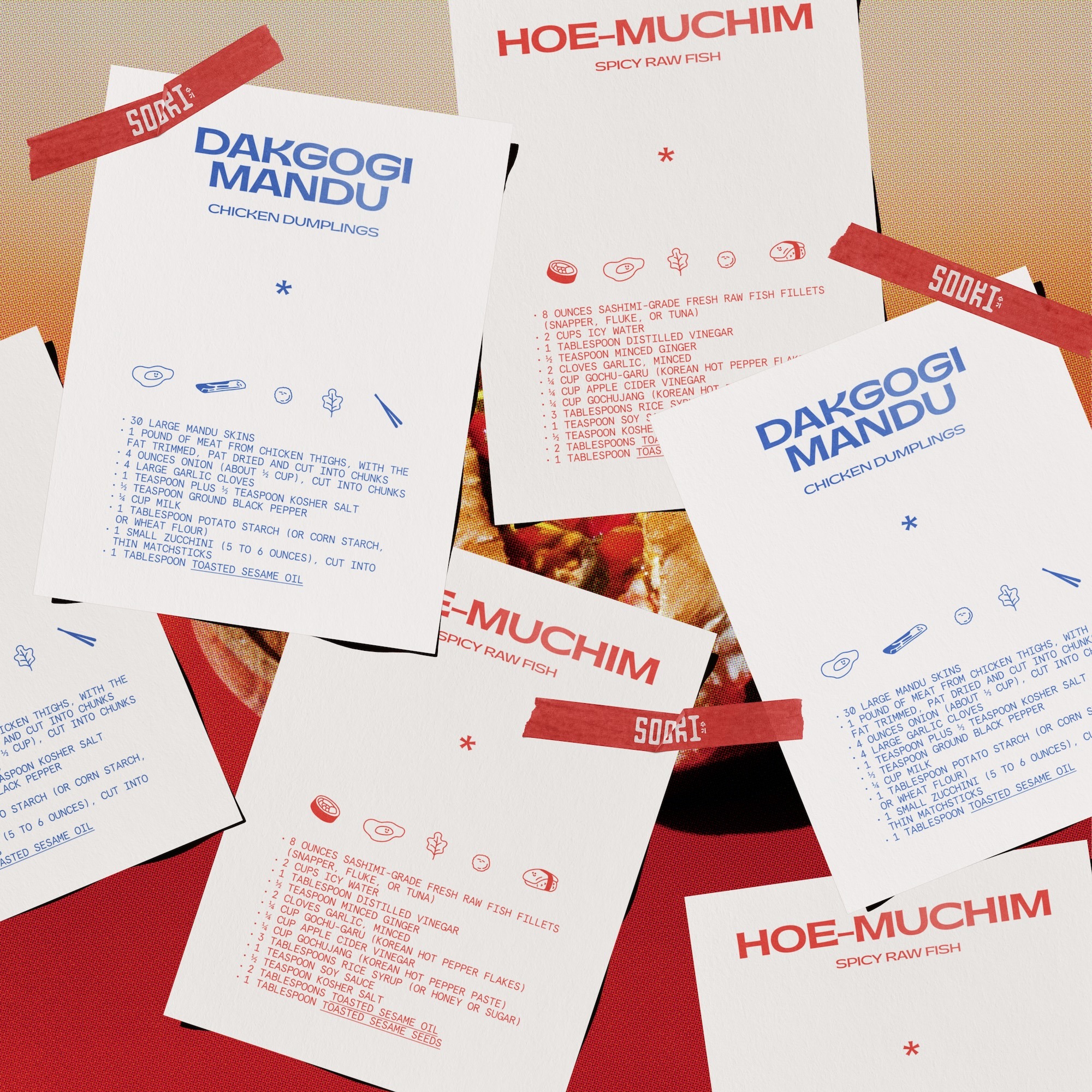 Multiple recipe cards with red and blue Korean typography and illustrations arranged flat on a red surface