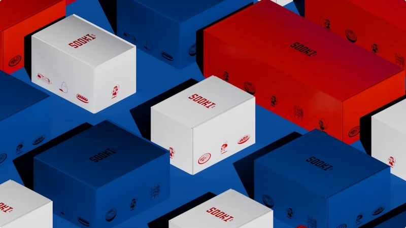 Isometric arrangement of red blue and white branded packaging boxes on a blue background