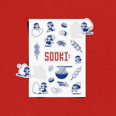 Blue and white character sticker sheet featuring food illustrations and Japanese text on a red background
