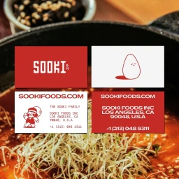 Four business cards featuring red and white branding for Sooki Foods displayed over a blurry food background