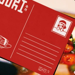Red postcard with white illustration lines, a postage stamp graphic, and Korean lettering designed by The Collected Works.