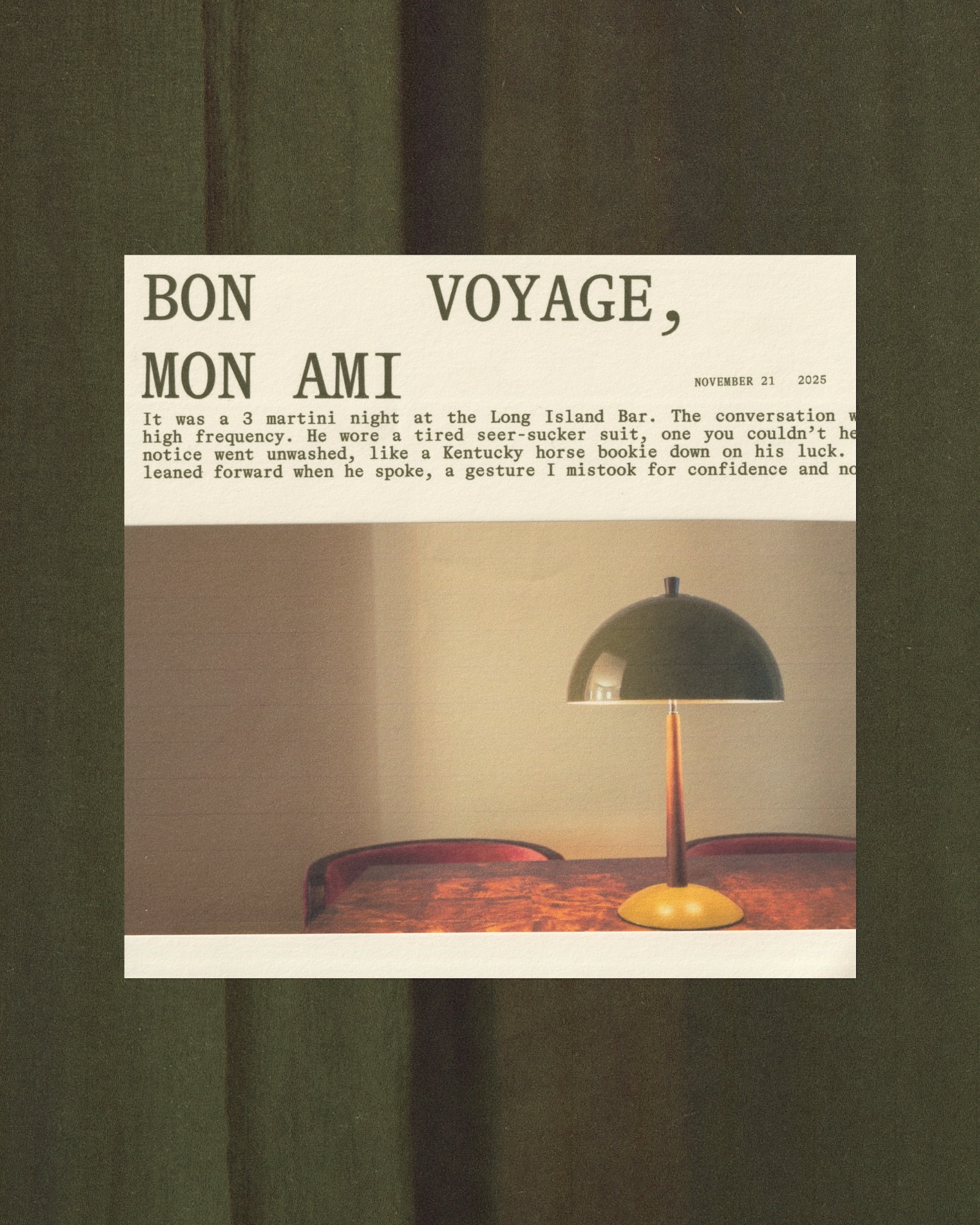 Typewritten text titled Bon Voyage Mon Ami above an image of a green domed table lamp on a wooden table.