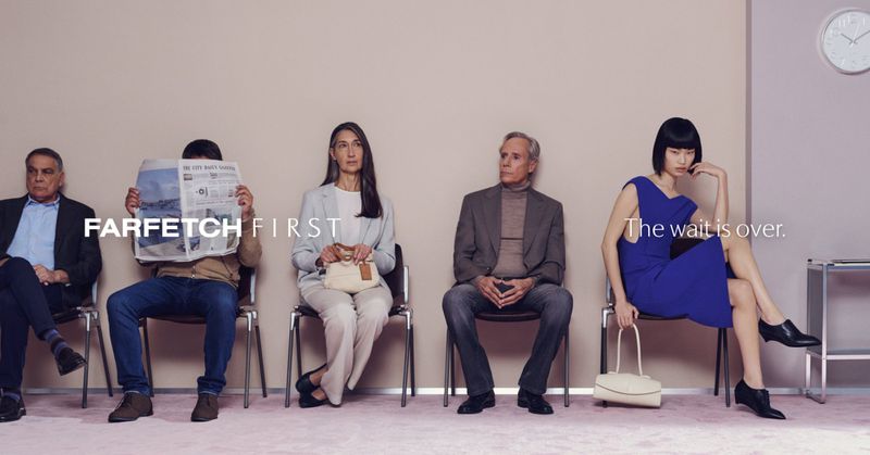Five diverse seated models in a waiting room holding props, photographed by Tanya and Zhenya Posternak for Farfetch First.