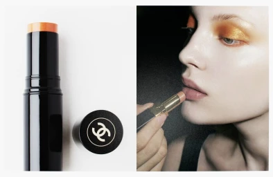 Split view showing a Chanel cosmetic stick packaging on the left and a close-up beauty portrait of a model applying lipstick on the right.