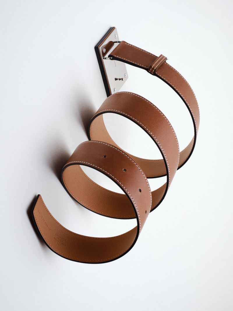Elegant studio shot of a brown leather belt coiled against a white background with a silver metal mount secured to the wall.