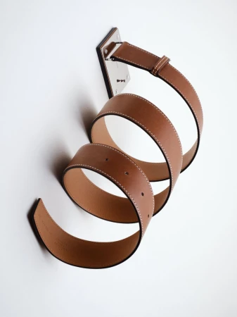 Elegant studio shot of a brown leather belt coiled against a white background with a silver metal mount secured to the wall.