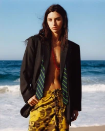Model standing on a sandy beach wearing an oversized black blazer and yellow patterned shorts against an ocean backdrop.