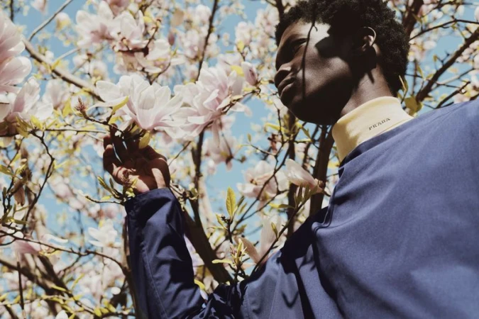 Black man in blue jacket and yellow turtleneck touching white magnolia blossoms against blue sky