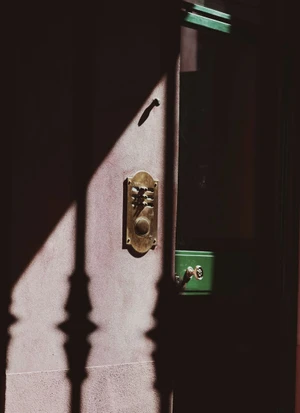 Close-up of an ornate brass doorbell panel mounted on a textured exterior wall with dramatic shadows.