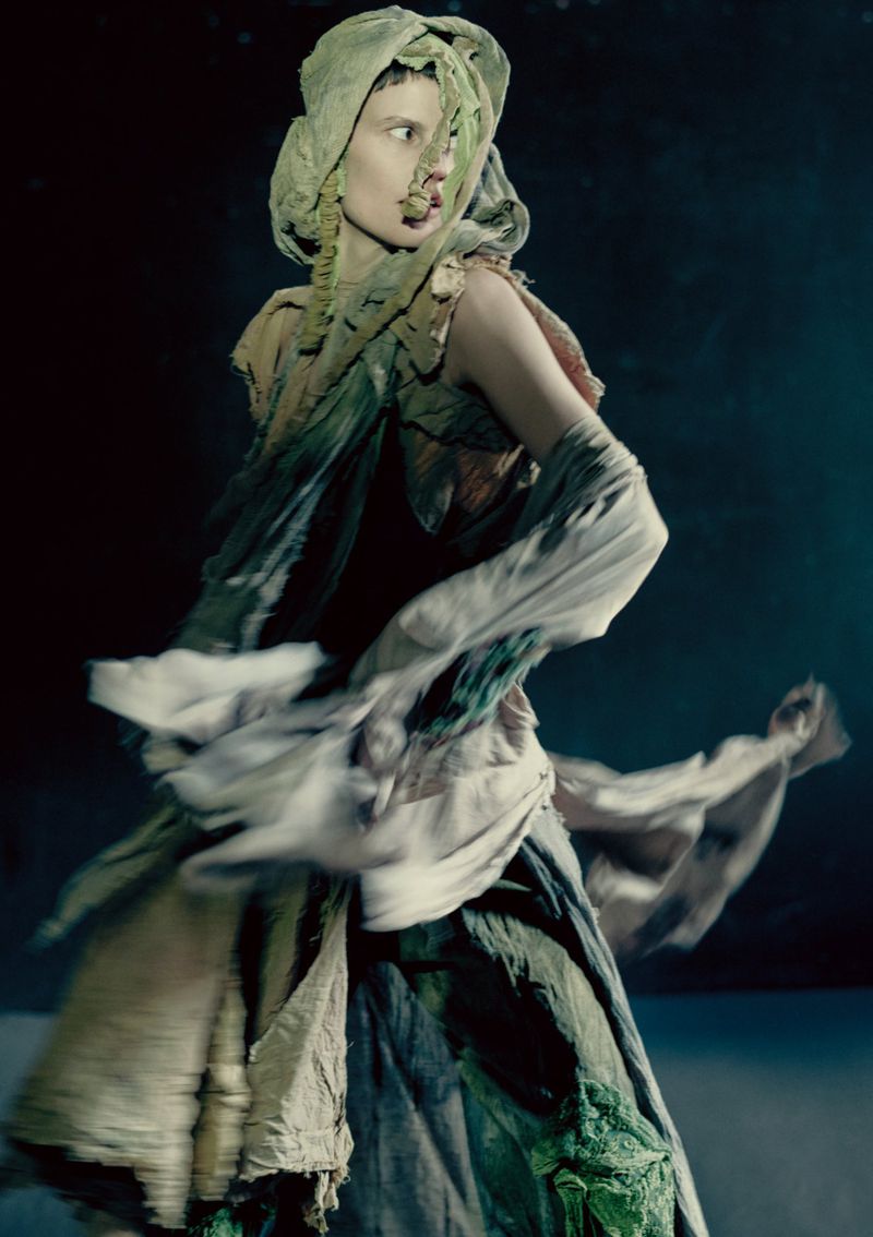 Model Saskia de Brauw in draped green and cream garments with a matching head wrap for Luncheon Magazine editorial.