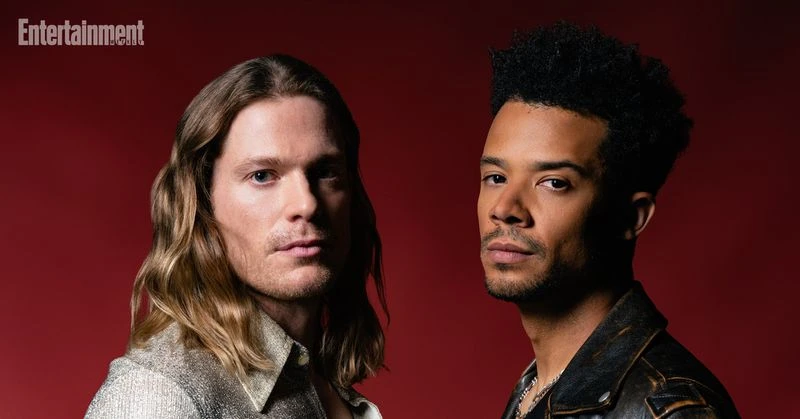 Portrait of two men against a dark red background for Entertainment Weekly feature The Vampire Lestat.