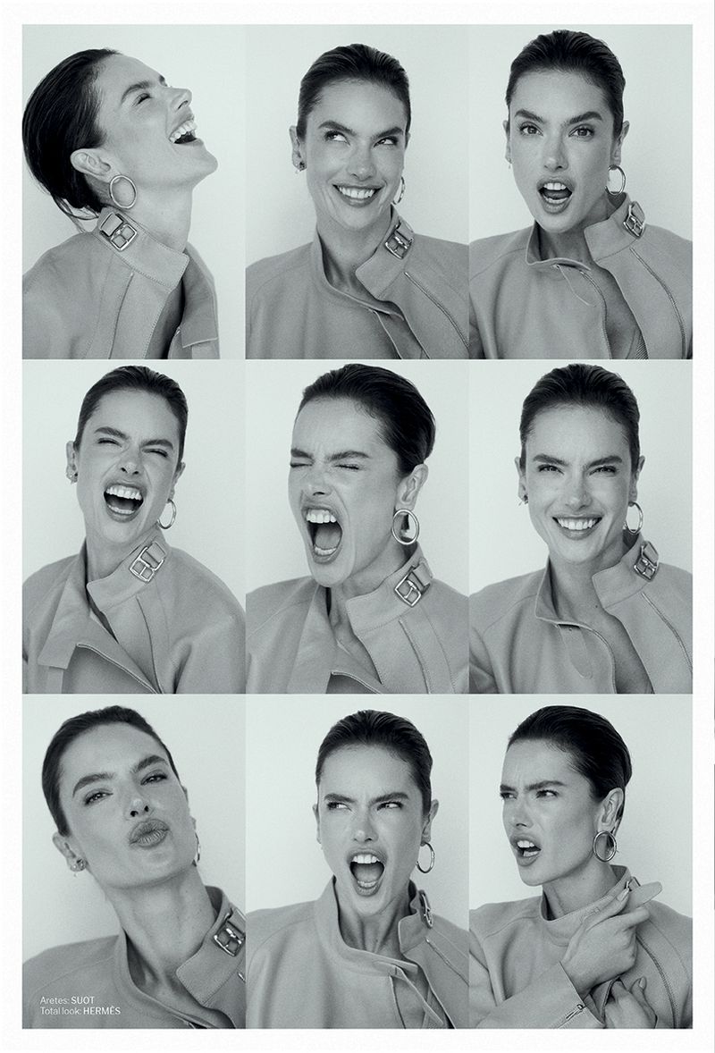 Black and white portrait of a woman with brown hair and a jacket, composed of nine panels showing different facial expressions.