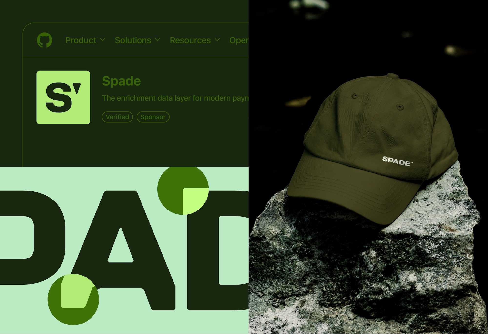 Olive green baseball cap with Spade logo resting on a jagged rock against a dark background
