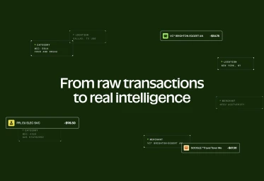 Dark green background graphic displaying financial data interface cards and the text From raw transactions to real intelligence