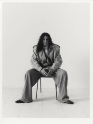 070 Shake seated on a chair wearing an oversized tailored jacket and wide-leg trousers against a white studio background.