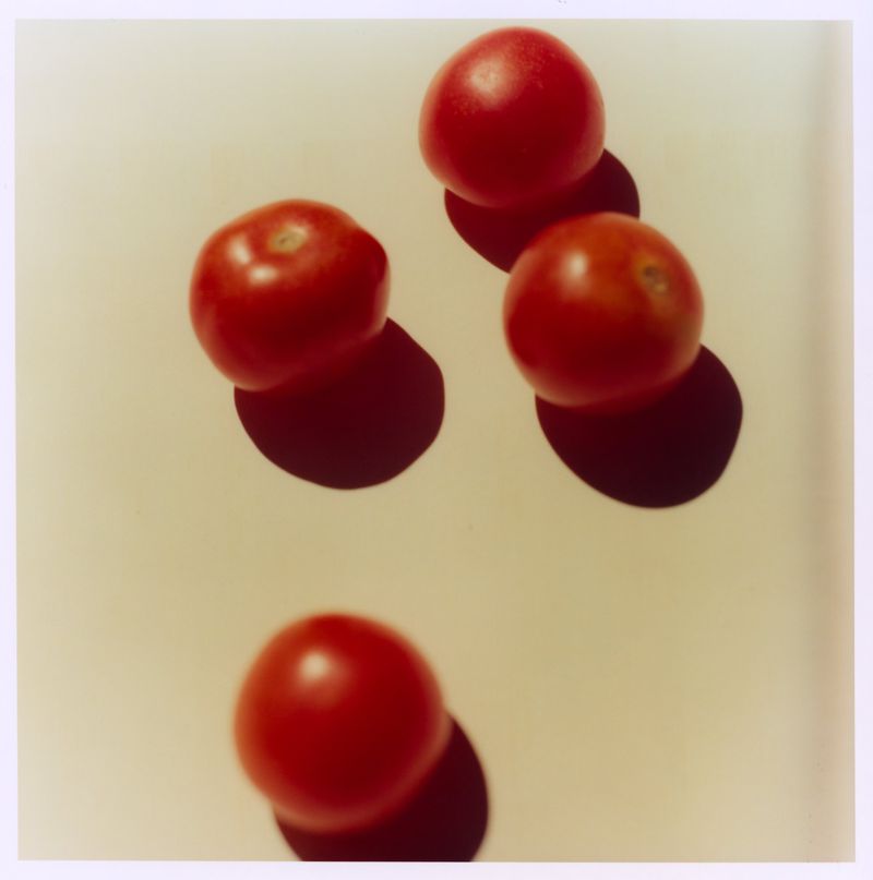 Four red cherry tomatoes arranged on a plain off-white surface with distinct hard shadows cast beneath each one.