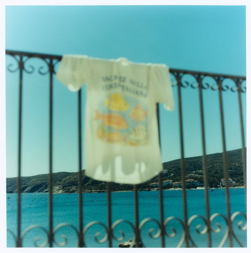 White t-shirt hanging on a decorative metal railing overlooking a bright blue body of water and distant hills.