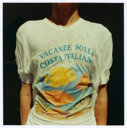 Close-up of a person wearing a wet white t-shirt featuring blue text and colorful fish graphics.