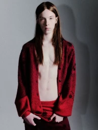 Long-haired model wearing an open red patterned cardigan against a plain grey backdrop for Vogue Man Philippines