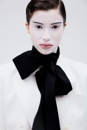 Close-up portrait of a model with pale white face makeup and thin eyebrows wearing a white blazer and large black bow tie against a white background.