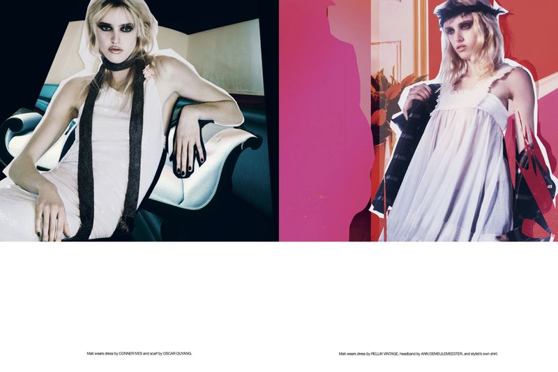 Split view fashion editorial with a blonde female model in a white dress and black scarf, alongside another shot against pink and red background.