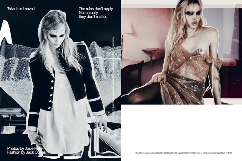 Two-page editorial layout featuring a blonde model in a dark military-style jacket and a second look in a sparkling slip dress.