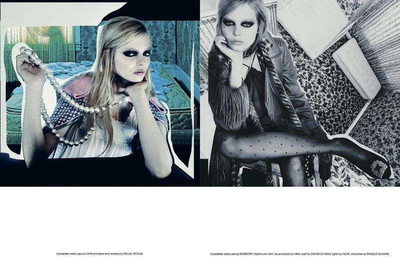 Two contrasting fashion portraits of a blonde model with dark eye makeup holding pearls and wearing patterned outfits