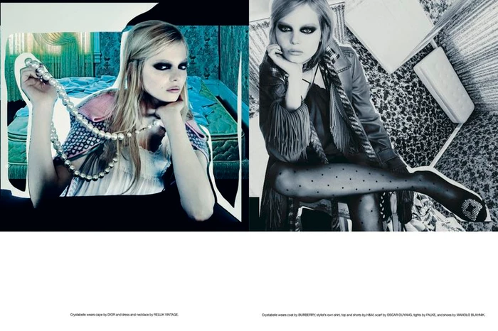 Two contrasting fashion portraits of a blonde model with dark eye makeup holding pearls and wearing patterned outfits