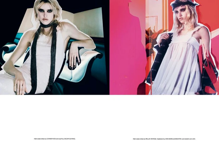 Split view fashion editorial with a blonde female model in a white dress and black scarf, alongside another shot against pink and red background.