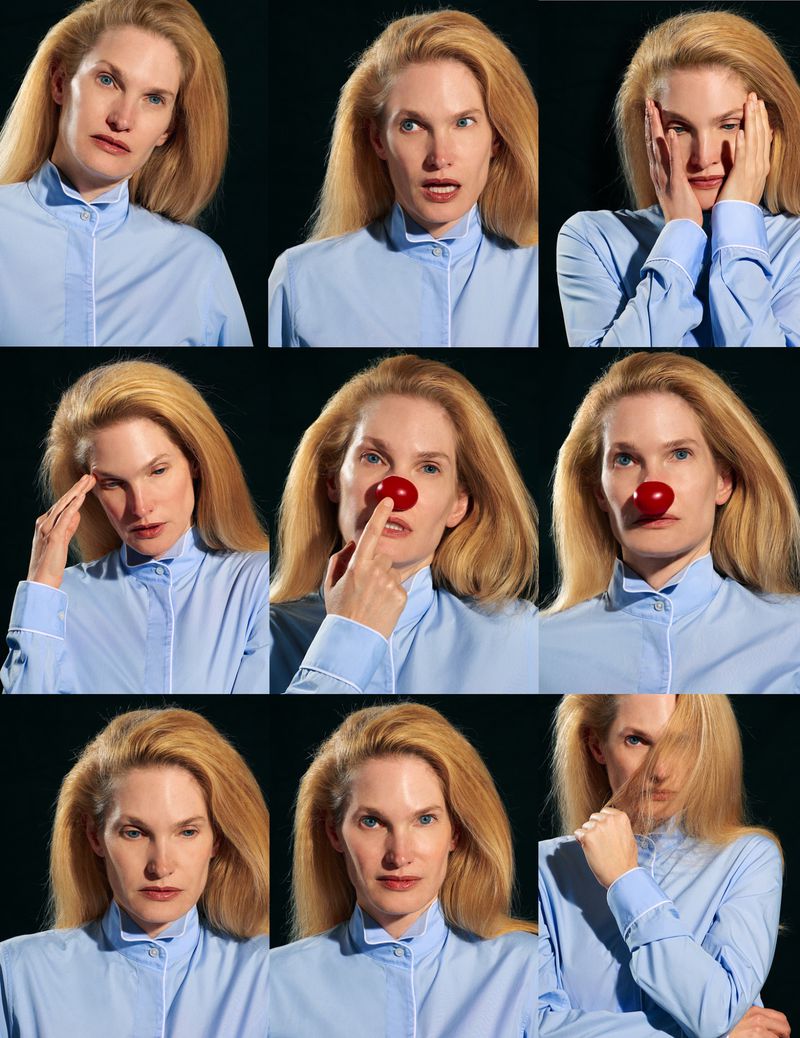 Multi-panel portrait of a blonde woman wearing a light blue button-down shirt against a dark background.