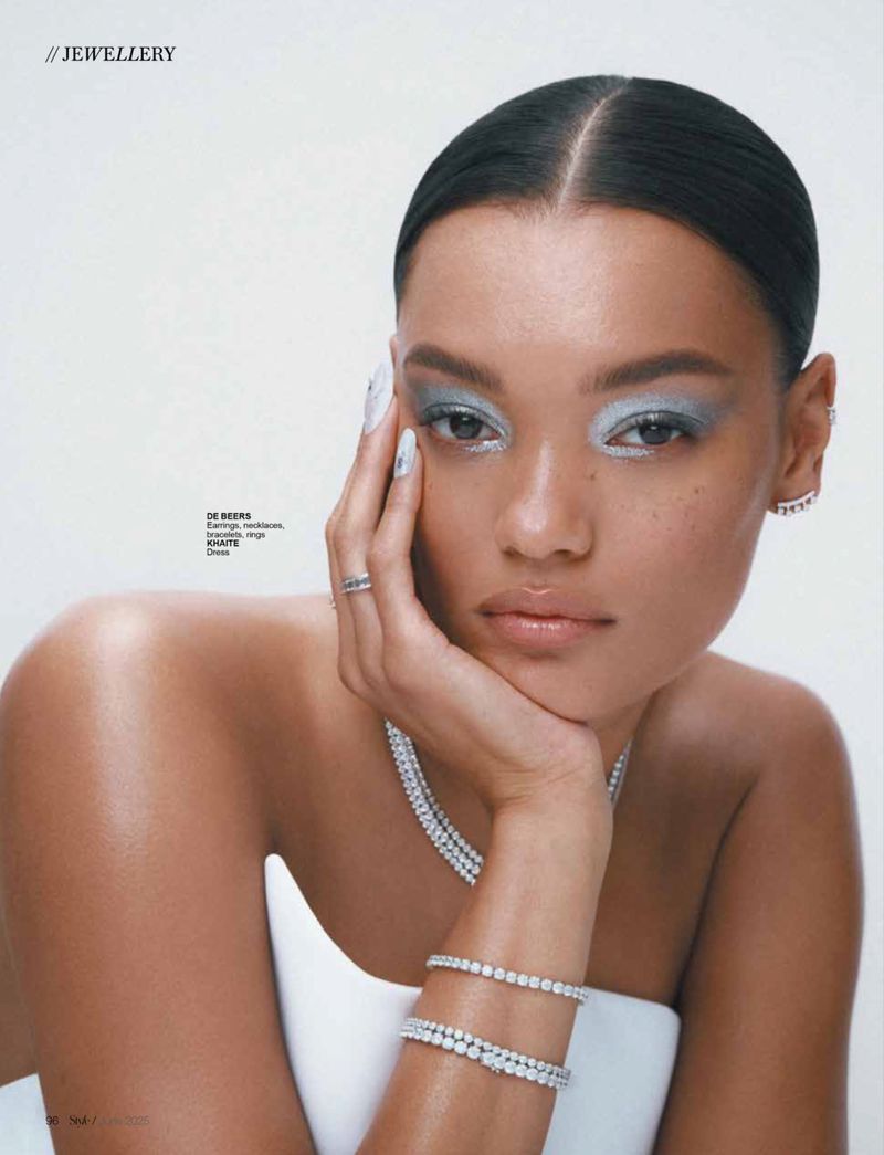Fashion editorial shot of a woman with light blue eye shadow wearing diamond jewelry including a ring, necklace, and bracelets.