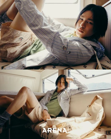 Model reclining in a train cabin or camper wearing a striped shirt and patterned shorts, for Arena Homme Plus Korea.