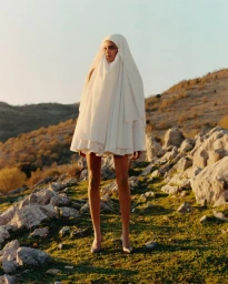 Model in a white draped hooded dress standing outdoors on a rocky hillside at sunset