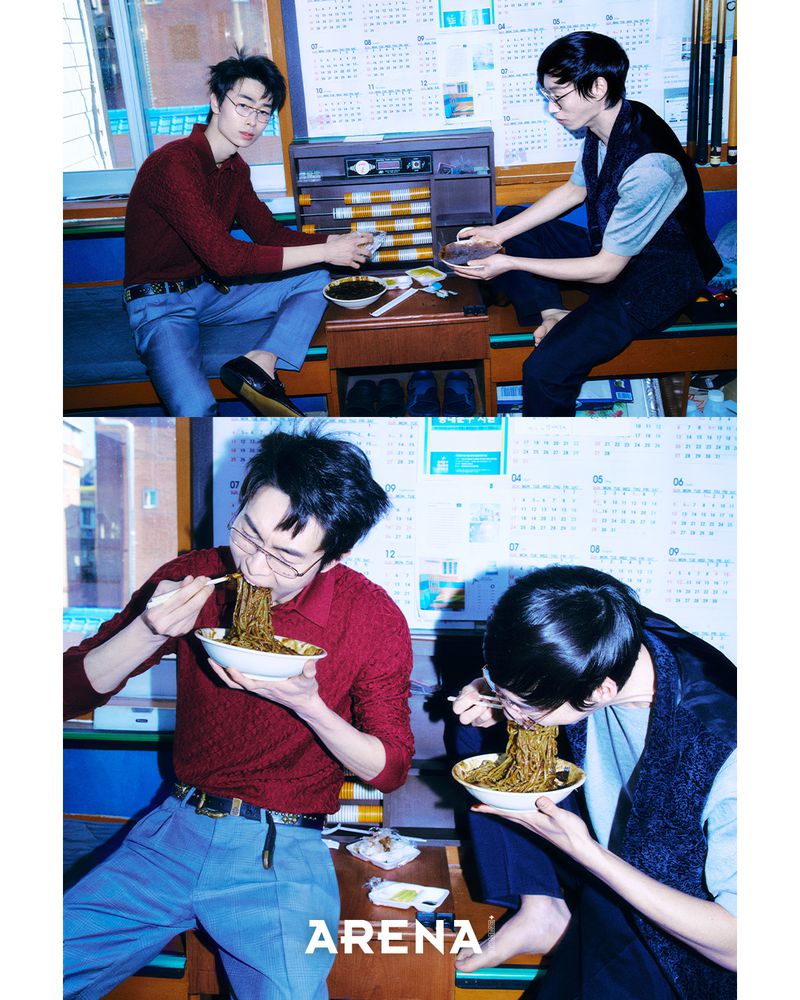 Two men seated indoors eating noodles with chopsticks in a vertical two-panel editorial photograph for Arena Homme Plus Korea.