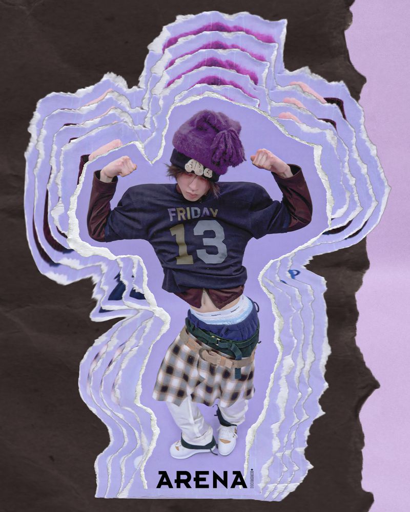 Model wearing layered clothing and a purple knit beanie flexing muscles in a paper collage editorial for Arena Homme + Korea.