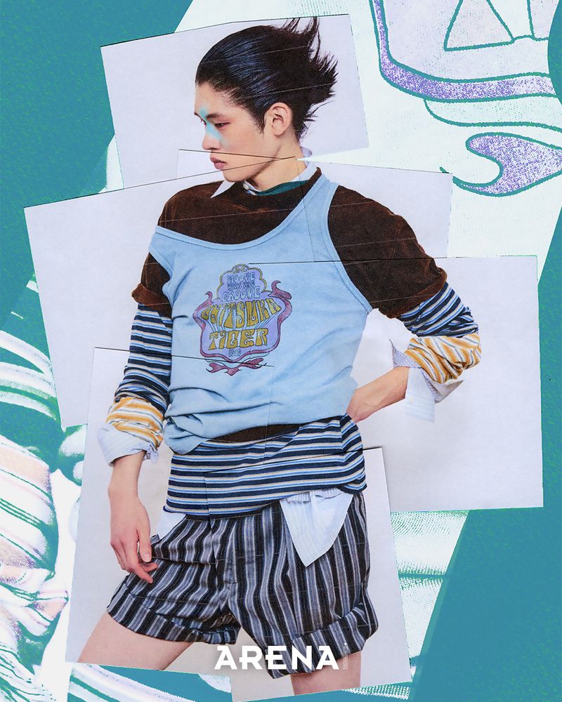 Model in layered clothing with striped shorts and blue tank top against a collaged background for Arena Homme Plus Korea