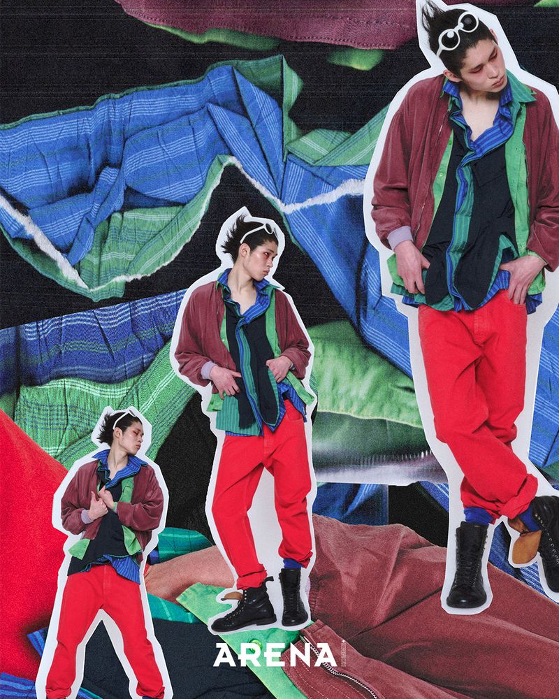 Collage style fashion editorial featuring a male model layered in colourful shirts and red trousers against abstract fabric textures