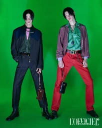 Two male models posing against a green screen backdrop for L'Officiel Korea Duo project