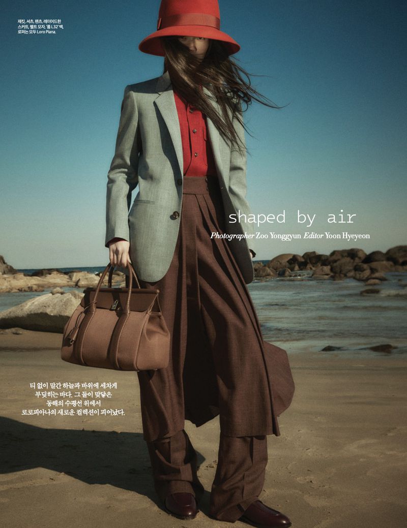 Fashion editorial image featuring a female model in a red hat, blazer, and wide-leg pants, standing on a beach with a satchel bag.