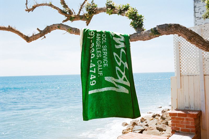 Green Stussy branded beach towel hanging from a tree branch overlooking the ocean by Ian Kenneth Bird.